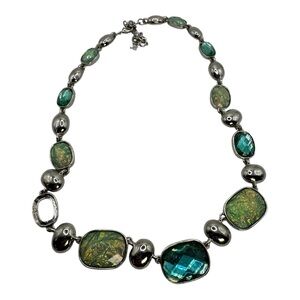 Statement Green Iridescent and Teal‎ Faceted Bead Necklace – Silvertone Chunky